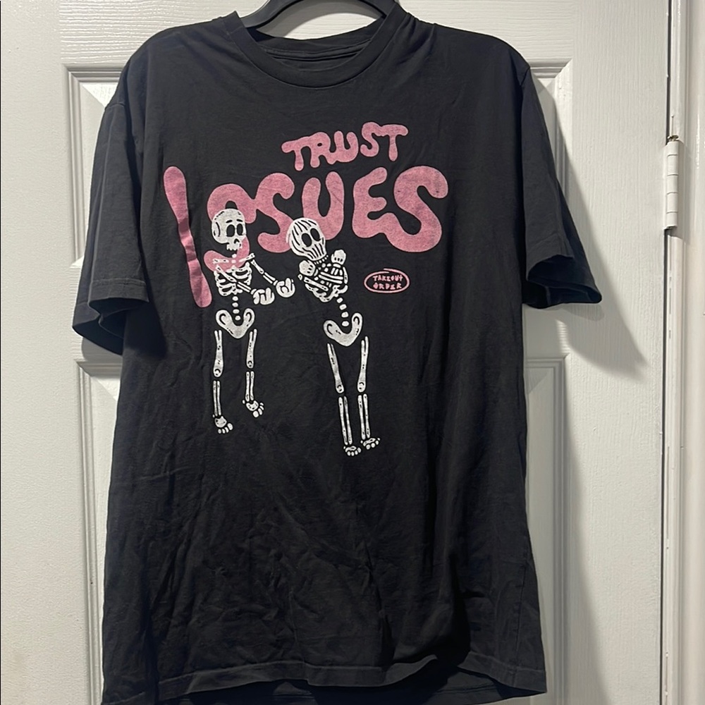 Black Graphic Tee with Pink Skeleton Design